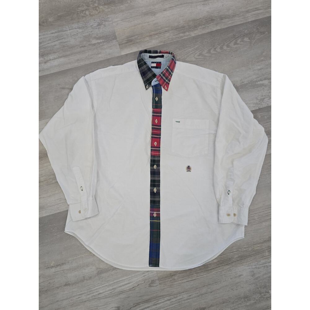 VTG 90s Tommy Hilfiger Plaid Trim White Oxford Shirt Mens L Crest Logo EXCELLENT